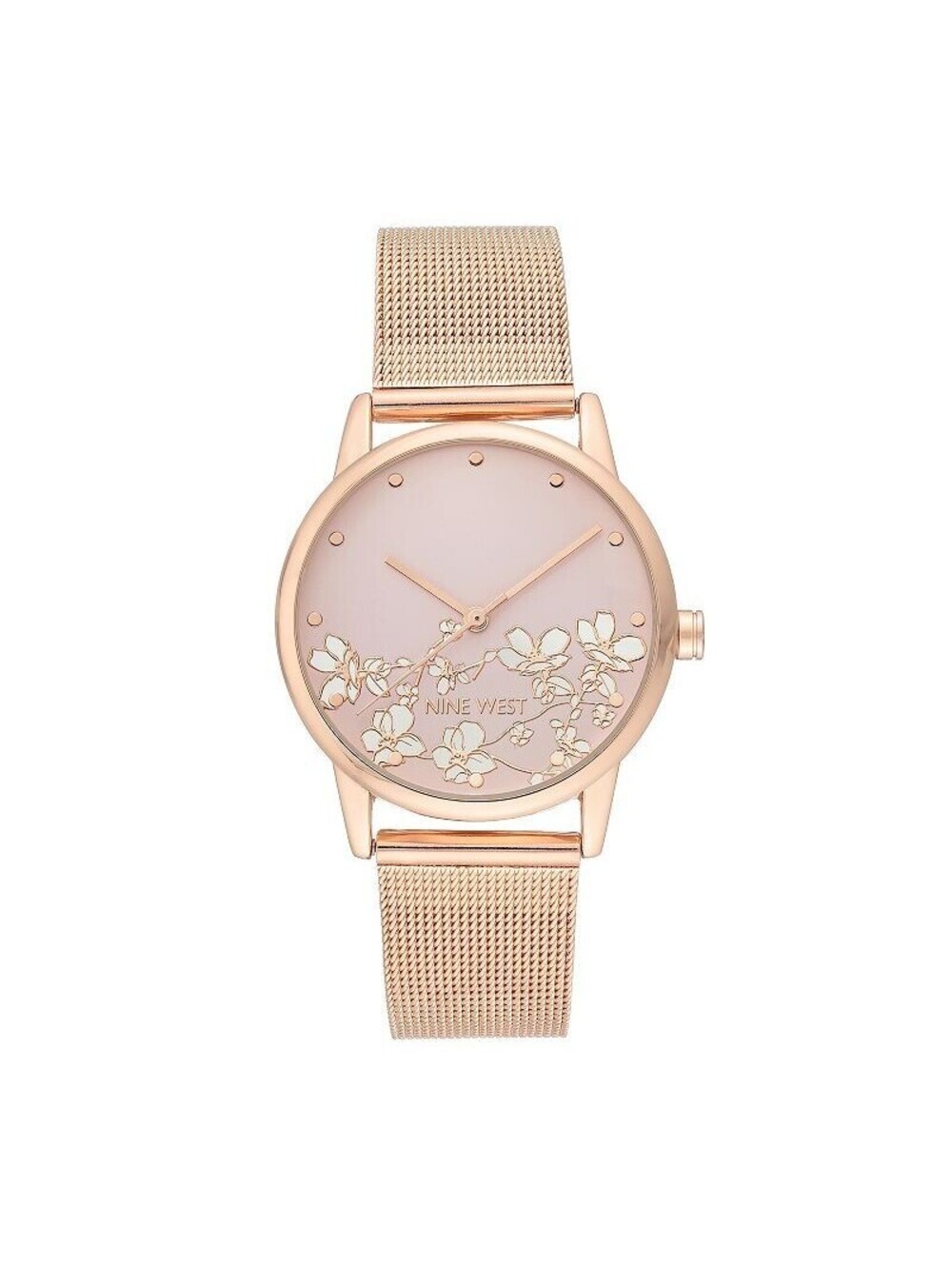 Nine West Women's Quartz Rose Gold Stainless Steel Mesh Band and Flower Pattern